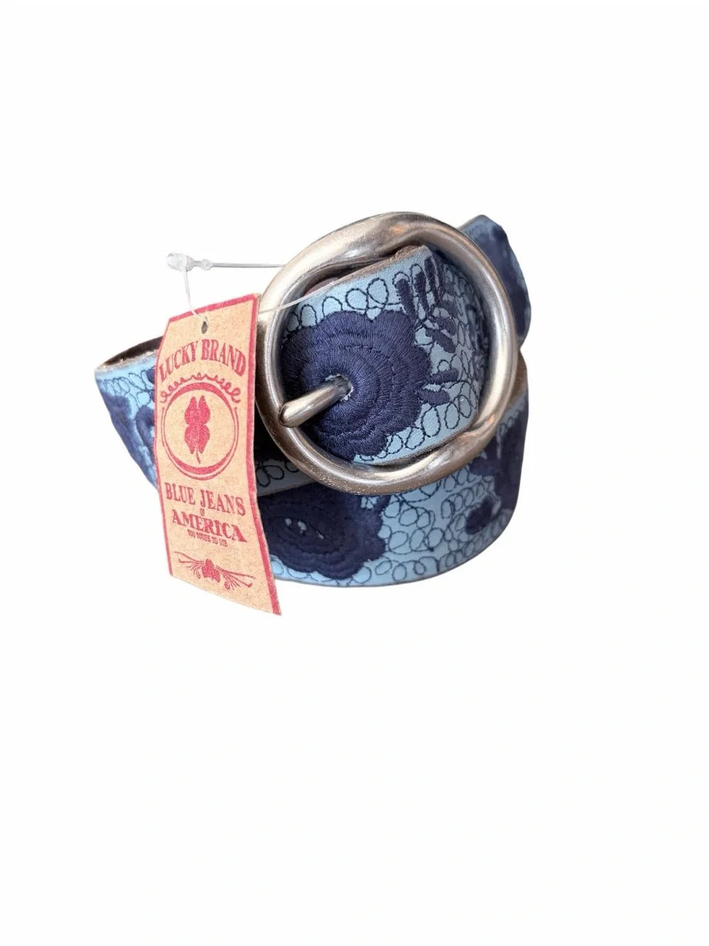 Lucky Brand NWTs Blue Leather Embroidered Floral Belt size XL
